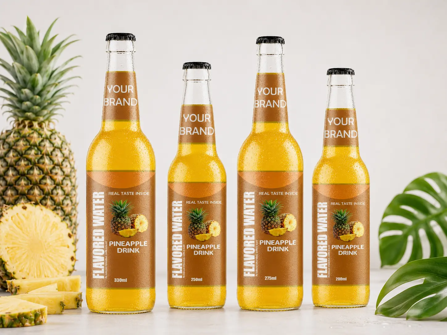 FLAVORED WATER Pineapple flavour in 200ml, 250ml, 275ml and 330ml glass bottles.
